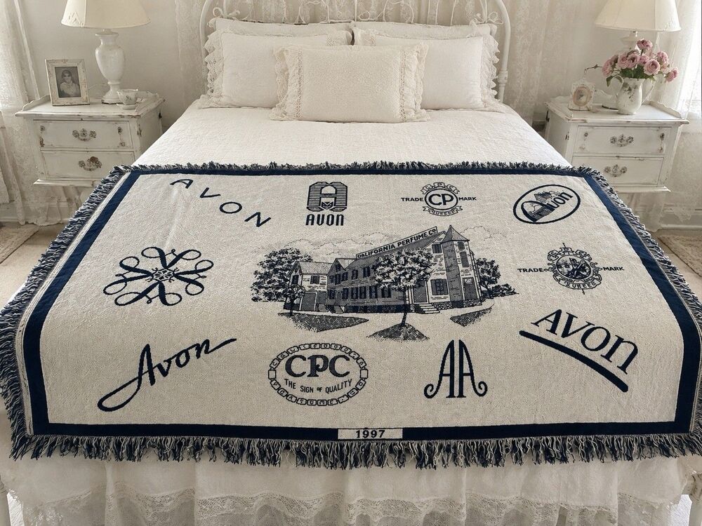 Vintage 1997 Avon California Perfume Woven Throw Blanket Fringe 67x46 Cotton